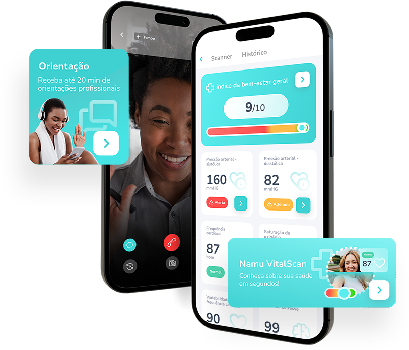 App Namu mostrando tela inicial com academias, monitoramento de saúde e gamificação.