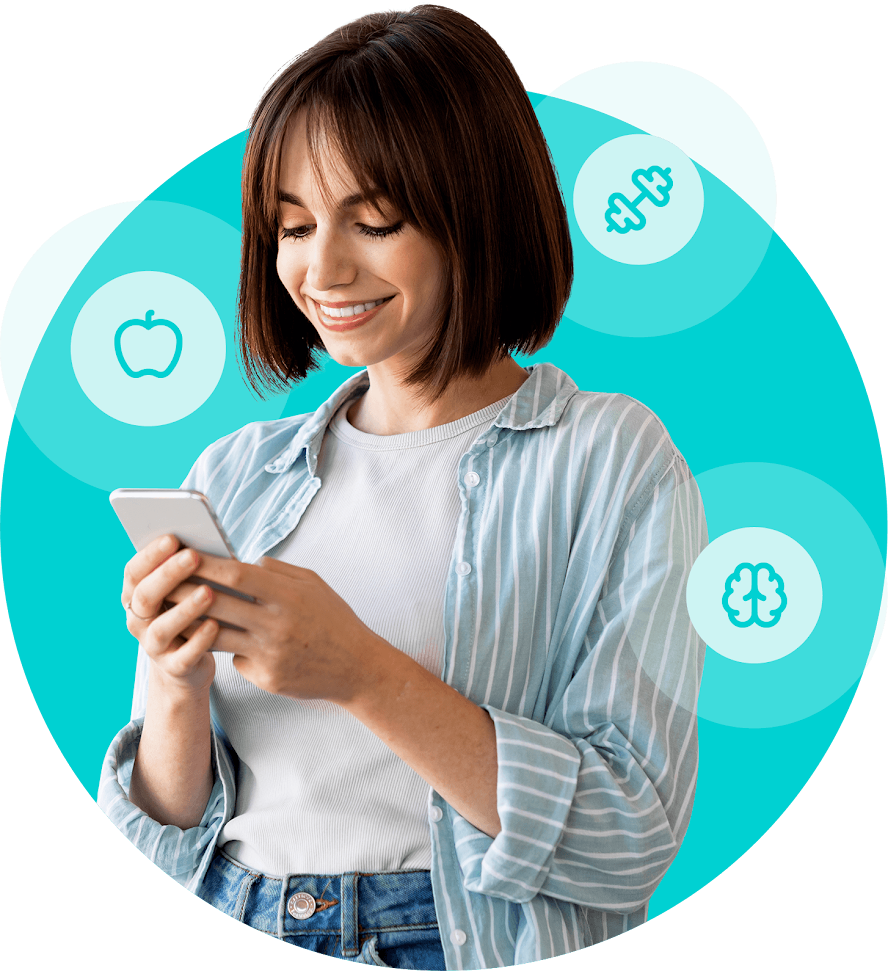 App Namu mostrando monitoramento de pressão arterial, diário emocional e sugestões de treinos e receitas.
