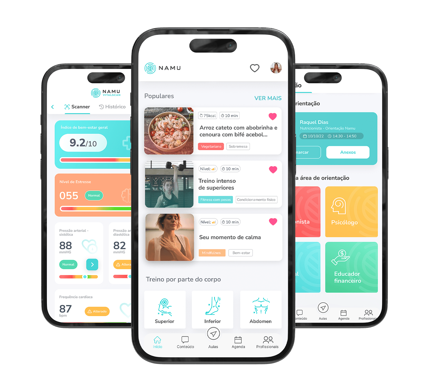 App Namu com diário emocional, registro de humor e gráfico de energia emocional.